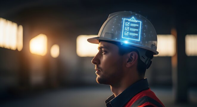 Thoughtful Engineer Wearing Hard Hat with Glowing Checklist Icon in Industrial Setting