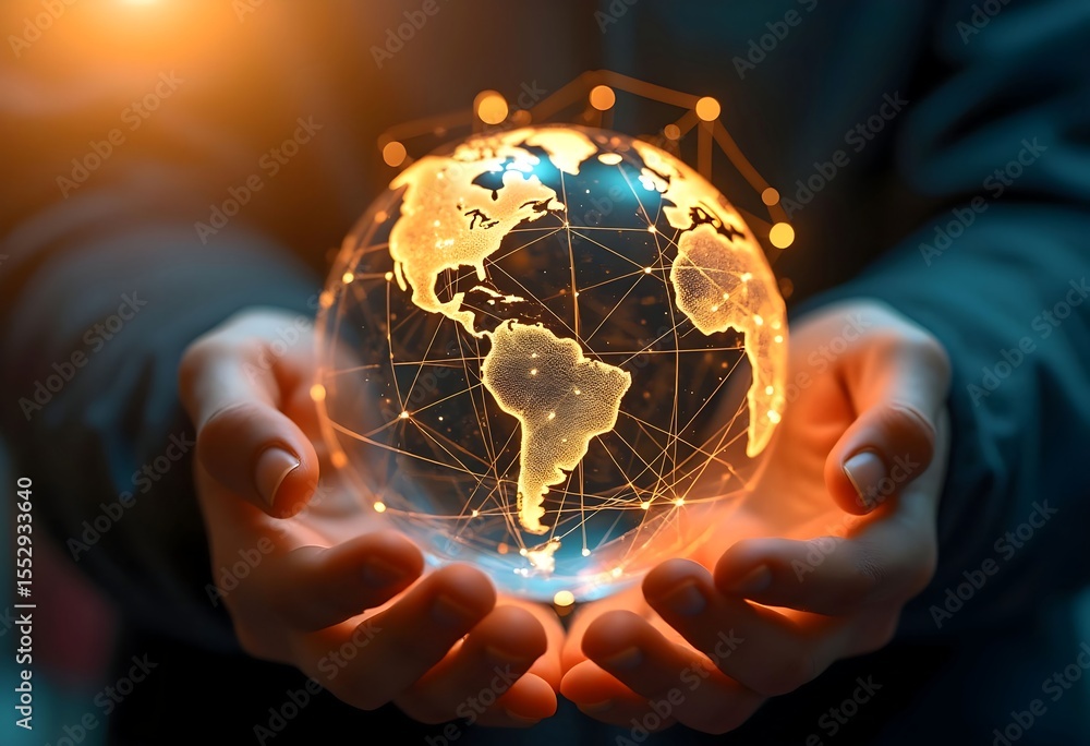 Aufkleber global network connection in hands technology worldwide web