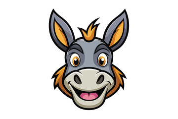 A playful gray donkey mascot smiles brightly with golden hair and wide eyes