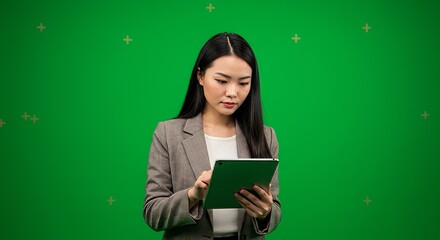 Asian Woman in Blazer Using Tablet Against Green Screen