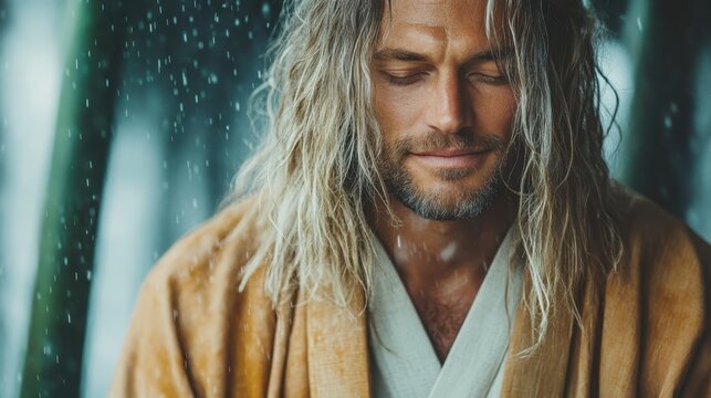 A man with long hair in a meditative state is enveloped in raindrops, embodying introspection and serenity amidst a tranquil atmosphere that promotes mindfulness and peace.
