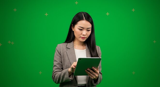 Asian Woman in Blazer Using Tablet Against Green Screen
