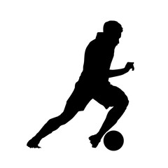 Soccer player running with ball, isolated vector silhouette. Football clip art