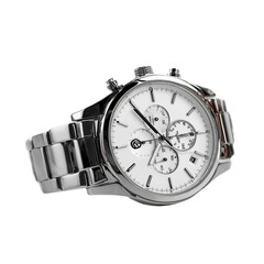 A close-up shot of a silver wristwatch, showcasing its detailed design and intricate features. The watch features a white face with multiple sub-dials and a stylish metal strap.