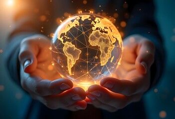Global network technology world connection in human hands