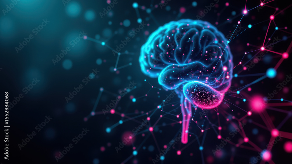 Poster vagus nerve stimulation depicted as a brain surrounded by colorful digital network of dots and lines