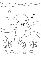 Coloring book page of a tadpole singing happily with music notes underwater.