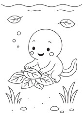 Coloring book page of a tadpole collecting leaves underwater.