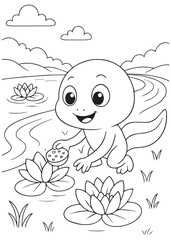 Coloring book page of a tadpole greeting a frog on a lotus flower.