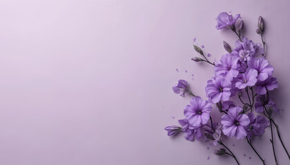 Minimalist photo featuring petunias flowers against soft purple background. Delicate violet blooms create serene scene, with space for text. Ideal for art, design, wedding cards, greeting cards