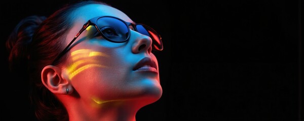 Obraz premium Fashionable woman in sunglasses on dark background. Portrait of attractive young girl with glamour makeup. Stylish female model in trendy eyewear poses. Wide banner layout with copyspace for creative