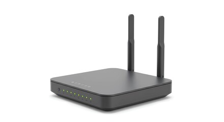 Fototapeta premium Realistic 3D render of a WiFi router with dual antennas, perfect for technology mockups and ideal for digital branding on a white background