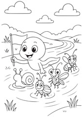 Coloring book page of a tadpole sailing with insect friends