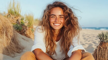 A vibrant young woman with long, curly hair sits on a sandy beach, beaming with joy and radiating positive energy while enjoying the sun and ocean waves nearby.
