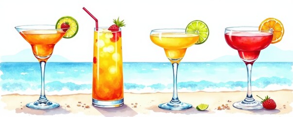 Hand-painted watercolor cocktail set Tequila Sunrise, Sex on the Beach, Cosmopolitan, Negroni , cocktails, colorful