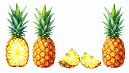 Hand-painted watercolor pineapple set Whole, sliced & segments , isolated, tropical illustration