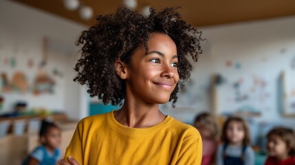 Woman posing with classroom background