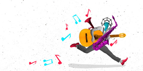 Surreal cutout composition. Faceless figure dashes forward while juggling multiple instruments in...