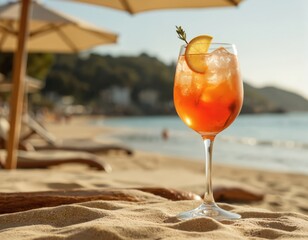 spritz cocktail on sandy beach near ocean. Orange beverage, alcohol drink with ice, lemon. Refreshing cold cocktail is summer refreshment. Tropical vacation at seaside bar. Holiday background.