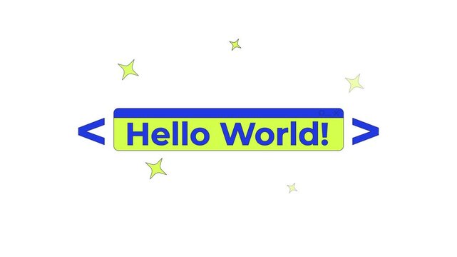 Hello world text coding banner in sparkles and code brackets 2D animation. Iconic starting point in programming phrase animated object cartoon flat concept metaphor 4K video isolated on white