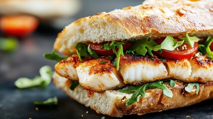 A freshly made fish sandwich featuring grilled fish, vibrant arugula, juicy tomatoes, and crunchy bread, perfect for lunch or a delightful meal option.