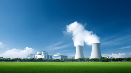 A modern nuclear power plant surrounded by vibrant green fields and a clear blue sky. This image conveys clean energy and innovation in the energy sector. The cooling towers stand tall. AI