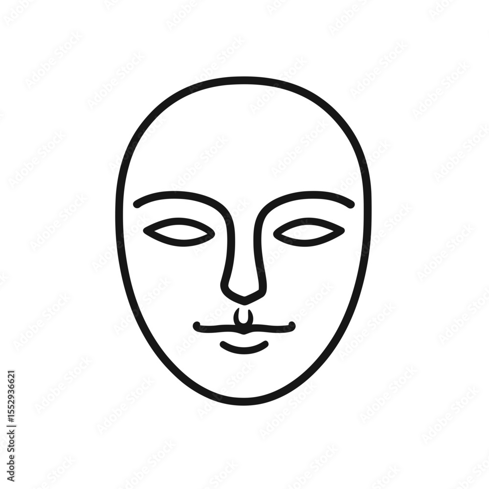 Poster minimalist line drawing of a blank human face mask with simple features and smooth outline for theat