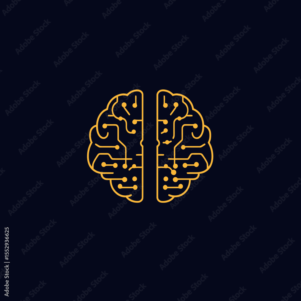 Poster digital brain circuit icon with flat minimalist style, neural network technology concept, artificial