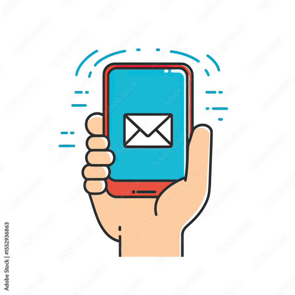 Poster hand holding smartphone with new email message notification on screen line art minimalist vector ico
