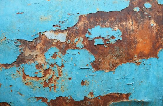 Grunge painted metal texture featuring rust patterns with blue paint peeling off. Old junk car body with rough surface. Gritty rusty background, good for decay abandoned concept. Weathered metal
