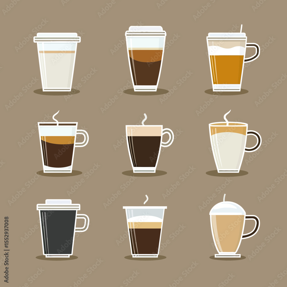 Poster flat minimalist vector illustration of nine different types of coffee drinks in transparent cups wit