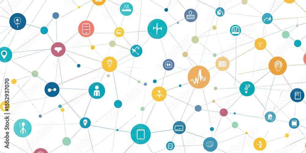 Poster abstract medical and health icons network with connected nodes and lines in flat minimalist style fo