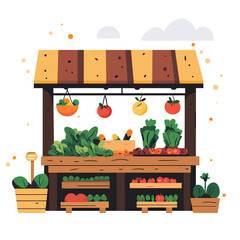 Obraz premium Colorful fresh vegetable market stall with tomatoes carrots leafy greens and potted plants in flat minimalist vector style outdoor farm produce stand