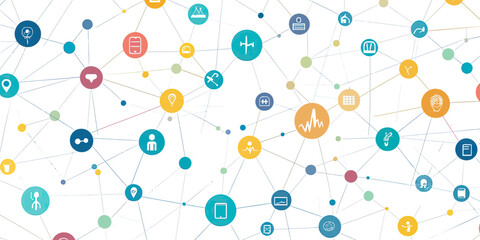 Abstract medical and health icons network with connected nodes and lines in flat minimalist style for technology and business communication concept background