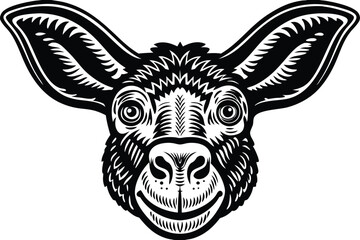 A black and white stylized drawing shows the front view of a deer