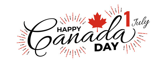 Happy Canada Day celebration on July 1st. Modern typography with a red maple leaf and firework elements. Usable for banners, posters, greeting cards, and social media post