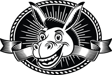 Cartoon donkey head with a big smile and ribbon against sunburst emblem looks inviting
