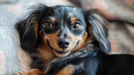 A domesticated canine resting on a sofa