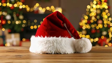 Festive holiday season video loop showing a red santa claus hat against twinkling Christmas tree lights and wooden table surface. - Powered by Adobe