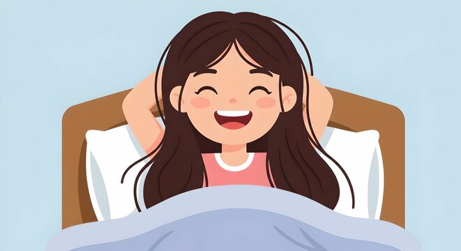 Girl cartoon character stretching her arms wide. Happy child smiling, feeling good. Waking up concept