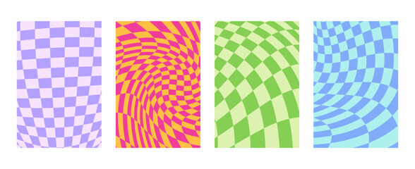 Wavy groovy distorted checkered background set