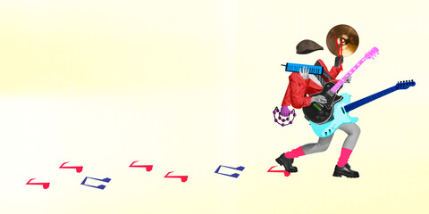 Speedy surreal character races with instruments in motion, guitars and symbols in dynamic layout....