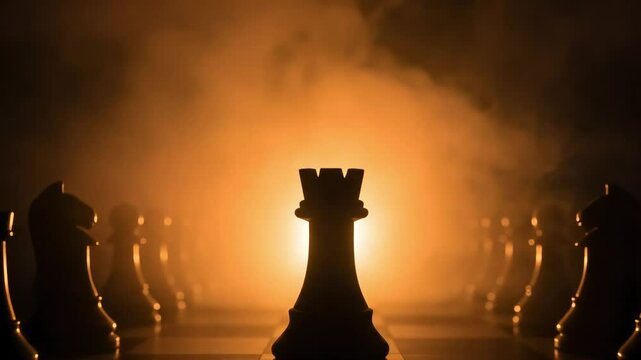 A dramatic chess scene featuring a rook illuminated by fog and shadows, creating a tense atmosphere