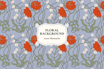 Vintage card with red and white flowers. Floral wreath. Decorative flowers background with label designs. Seamless pattern