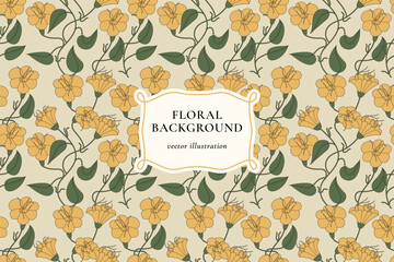 Vintage card with yellow bells flowers. Floral wreath. Decorative flowers background with label designs. Seamless pattern