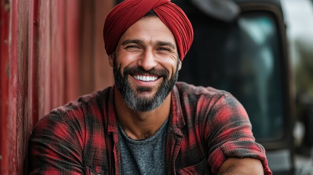 A smiling man with a red turban radiates joy and warmth, embodying friendliness and cultural richness in an outdoor rustic setting with a charming background.