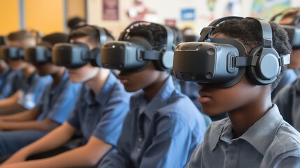 Students Wearing VR Headsets in Classroom, Exploring Virtual Reality Technology
