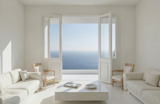 Fototapeta Minimalist luxury interior of living room with soft white couches, wooden chairs. Sea view with blue ocean seen from open doors. Bohemian design home, light furniture, indoor decor creating