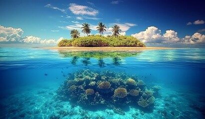 Stunning split view of a tropical island and its vibrant coral reef.