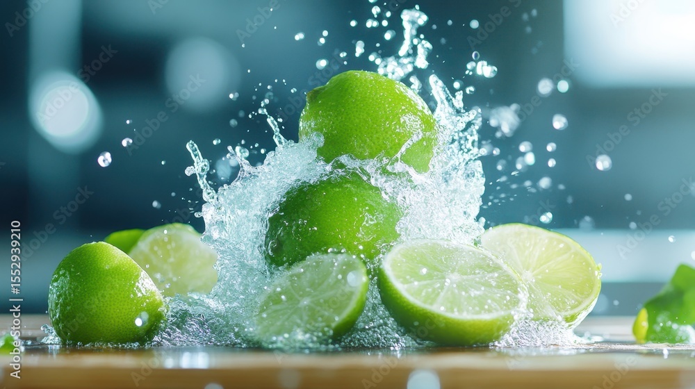 Poster the image captures vibrant limes splashing into clear water, creating a refreshing and energizing vi